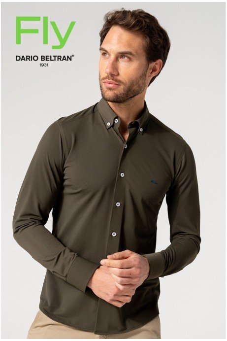 CAMISA BIELÁSTICA REGULAR FIT FALSO LISO CAQUI